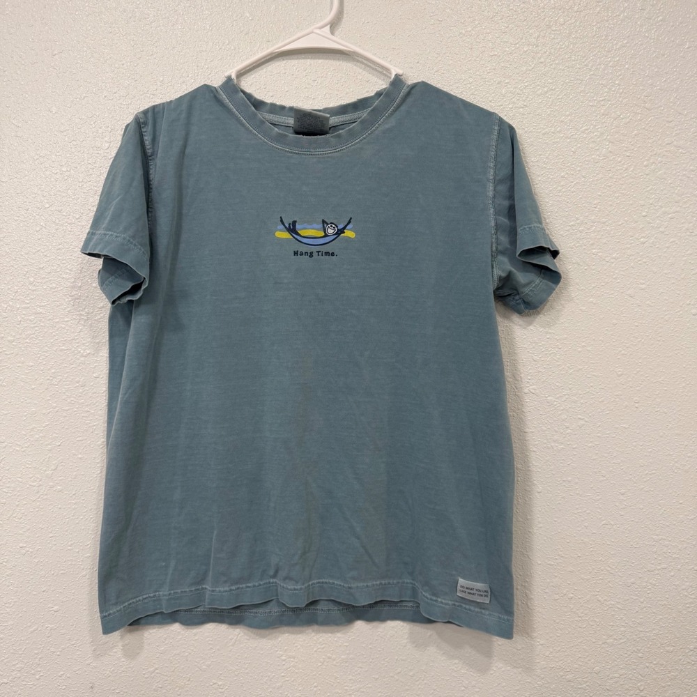 Life is Good Womens Blue Hang Time Cat Hammock Graphic T-Shirt Size M